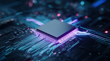 Poster - Abstract Technology Background Futuristic Circuit Board Digital Processor Glowing Purple Neon Lines Modern High Tech Innovation Electronic Microchip Powerful Computer    