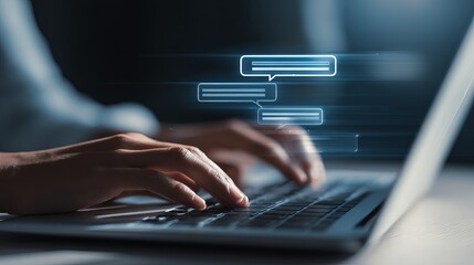 Poster - Online Communication Digital Technology Laptop Keyboard Hands Typing Message Chat Bubbles Modern Business Internet Network Connection Global Communication Technology     