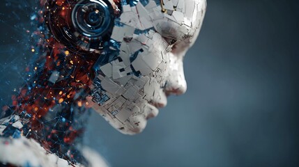 Poster - Abstract Futuristic Cyborg Woman Profile Digital Art Modern Technology Artificial Intelligence Network Connection Fractal Design White Gray Blue Red Orange AI Face Head  
