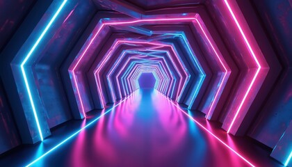 Aufkleber - Abstract 3D neon light tunnel illustration. Futuristic corridor with glowing neon lines, shapes, geometry in vibrant blue, purple colors. Cyberpunk digital art background. Virtual reality space.