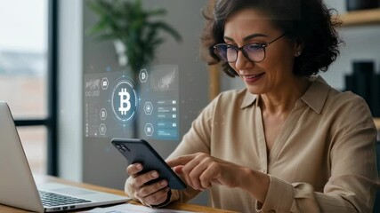 Poster - Woman uses smartphone for cryptocurrency trading. A female investor interacts with bitcoin blockchain data on a virtual screen for stock market analysis.