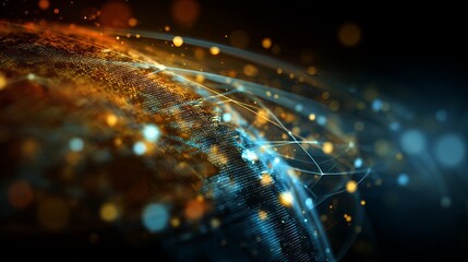 Poster - Global Network Connections Digital World Abstract Background Futuristic Technology Golden Blue Hues Illuminated Data Points Intricate Design Modern Art High Resolution   