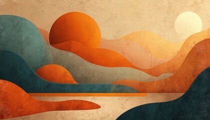 Aufkleber - Neo Memphis style abstract digital art with grainy texture. Trendy contemporary design with bright colors. Digital artwork shows gradient orange and teal shapes.