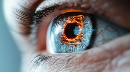 Poster - A close-up view reveals a human eye featuring a vibrant digital circuit design within the iris, highlighting the fusion of biology and advanced technology in a visually striking manner.