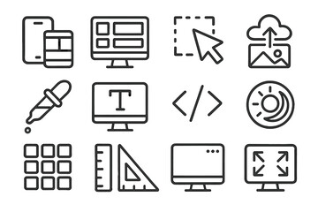 Poster - Simple icons for devices, design tools, and features on dark background