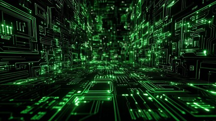 Fototapete - Abstract Green Circuit Board Digital Technology Background Futuristic Neon Glowing Lines Modern Design High Tech Innovation Electronic Network Virtual Reality Space 3D   