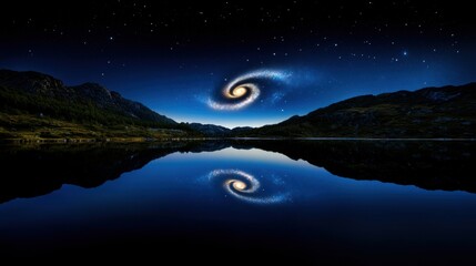Wall Mural - A breathtaking view showcases a spiral galaxy illuminated against a starry night sky, mirroring perfectly on the calm surface of a lake surrounded by mountains.