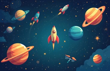 Wall Mural - Cartoon illustration depicts rockets planets stars universe. Spaceships fly in space, explore milky way galaxy. Astronomy concept for education, children, space travel theme.
