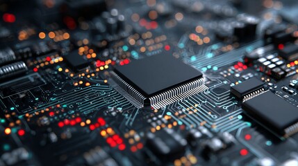 Fototapete - High Tech Circuit Board Microchip Technology Digital Electronic Computer Hardware Innovation Modern Closeup Detailed Powerful Processor Engineering Design Advanced       