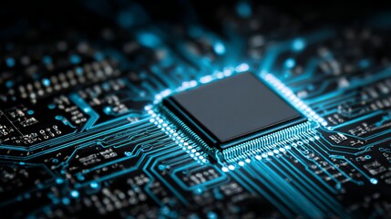 Fototapete - Closeup HighTech Circuit Board Microchip Technology Digital Electronic Hardware Modern Innovation Blue Glowing Lines Detailed Professional Computer Engineering Background