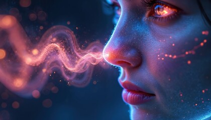 Poster - Close-up of woman face with futuristic digital elements and glowing particles emitting scent from nose. Modern tech concept involving smell olfaction perception, digital art, AI, science fiction.
