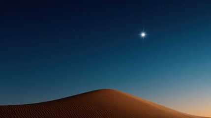 Wall Mural - A bright star illuminates a tranquil sand dune during twilight, casting a soft glow on the rippling textures of the desert landscape against the fading light of day.