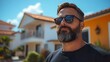 © CybStars - A confident man with a beard wearing sunglasses, standing outdoors in a sunny environment near stylish modern houses.