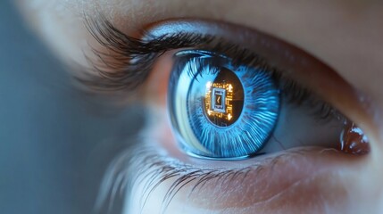 Poster - A close-up view of a human eye showcasing intricate details of the iris. Reflecting in the pupil is a glowing microchip, symbolizing the fusion of technology and biology in modern innovation.
