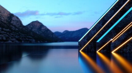 Poster - At dusk, geometric structures with illuminated edges emerge from a calm lake, surrounded by majestic mountains. The subtle glow creates a stunning visual contrast against the serene water.