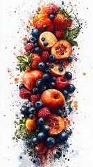Wall Mural - a vibrant watercolor painting of assorted fruits including oranges, blueberries, strawberries, and r