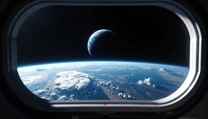 Wall Mural - Earthrise view from spaceship window against dark space. Crescent planet visible. Illustration of space exploration, science fiction, cosmos, universe, galaxy, astronomy. Ideal for futuristic tech