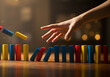 © Pixel Studio - Domino effect concept hand pushing colorful blocks falling in sequence chain reaction metaphor risk 99 chars