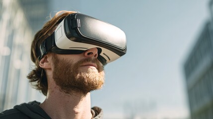 Poster - Man Experiencing Virtual Reality Headset Modern Technology Innovative Digital Experience Futuristic Metaverse Immersive Simulation Gadget Outdoors Sunlight Beard Young   