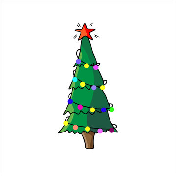 Vector color illustration of hand drawn New Year green tree with colorful festive balls