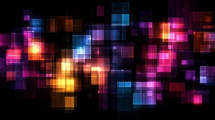 Poster - Abstract Colorful Geometric Square Background Design Digital Art Modern Technology Vibrant Gradient Shiny Overlay  Glowing  Neon  Bright  Purple Pink Orange Yellow Blue  