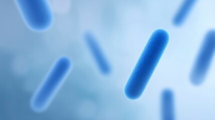 Poster - Blue bacteria microorganisms floating in a soft-focus environment, showcasing their unique shapes and textures, representing the microscopic world of life and science