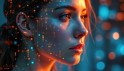 Poster - Female face with matrix digital numbers dots links hologram. Concept artificial intelligence AI with human face. Digital head shows cybernetic neural network. Futuristic tech art concept.