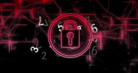 Poster - Padlock icon materializing and glowing circuits tracing grid while digits orbiting showing security