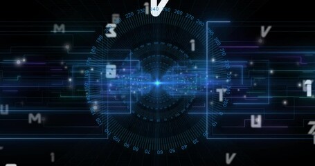 Poster - Bright blue node starting circuit lines extending and glyphs orbiting numeric ring visualizing data
