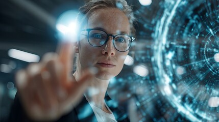 Poster - Woman in Glasses Interacting with Futuristic Holographic Interface Technology Digital Innovation Modern Businesswoman Working on a Complex Project Using Advanced         