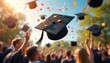© Viktor - Graduation caps fly through air with confetti. Students celebrate graduation day. Graduates toss mortarboards in sky. Party, celebration, achievement, success, education, college. Academic ceremony,
