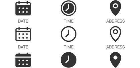 Aufkleber - Address location icon. Stopwatch timer icon. Date Calendar icon - Web icons set