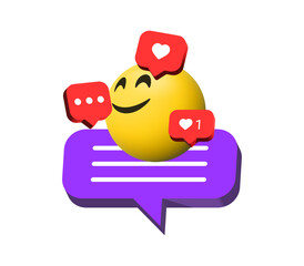 Poster - 3d chat message speech bubble icon and happy smiley emoji emoticons, 3D emoji with a smile and red heart likes and speech bubbles. online communication and social media engagement background