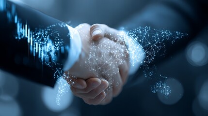 Poster - Global Business Partnership Handshake Digital Network Technology Modern Deal Agreement International Cooperation Success Future Growth Strategy Teamwork Professional     