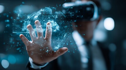 Poster - Futuristic Businessman Metaverse Virtual Reality Global Network Digital Technology Innovation Hand Gesture Interactive Interface Modern Businessman Exploring Digital     