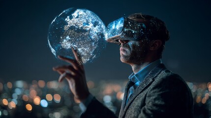Poster - futuristic businessman exploring global network virtual reality headset modern technology digital wo