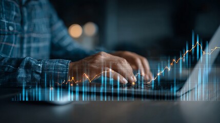 Poster - Financial Growth Data Analysis Businessman Working Laptop Digital Marketing Strategy Stock Market Investment Report Economic Progress Technology Innovation Chart Graph   
