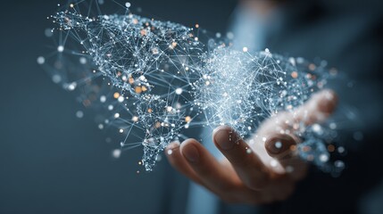 Fototapete - Global Network Connection Digital World Map Technology Business Innovation Abstract Futuristic Data Visualization Hand Holding Networked World Concept Modern Digital     