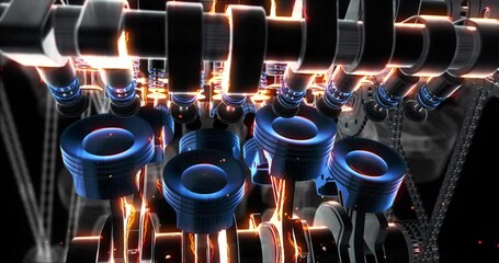 Poster - 3D Render of V8 Engine Pistons and Spark Plugs Under Transparent Hood. Industry And Technology Related 3D Animation.