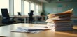 © Viktor - Empty office space with scattered papers, files. Symbolic corporate restructuring, layoffs, job losses. Financial crisis concept. Documents on the table against blurred background.
