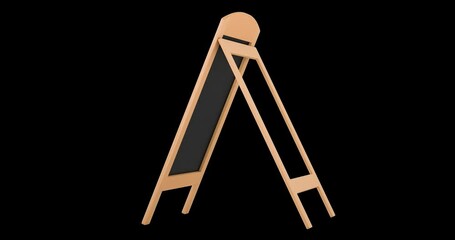 Poster - Wooden chalkboard sidewalk sign stand, rotating. 3D Video Animation, Seamlessly Loopable. 3D rendering isolated on transparent background