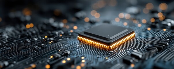 Poster - Close-up view of an electronic circuit board with a glowing microchip
