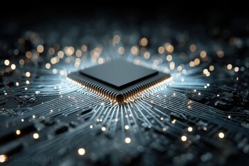 Poster - Microchip on illuminated circuit board with energy paths in a technological design