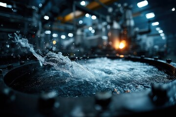 Poster - Industrial water process showcasing dynamic splashes and illuminated factory background