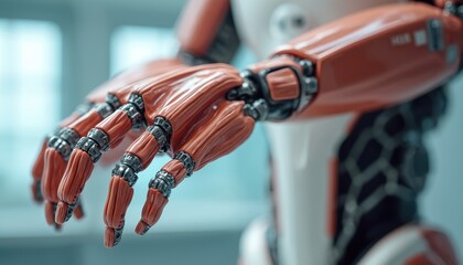 Poster - Extreme close-up view of robotic hand with flexible synthetic muscle fibers biomimetic actuators in biomedical robotics lab. Android robot, design. Robotics tech, futurism, innovation.