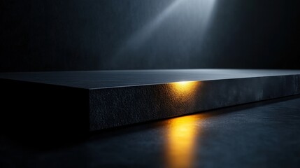 Poster - A smooth black surface catches subtle illumination from a warm light source in a stylish studio environment. The setting creates a serene atmosphere, emphasizing minimalism.