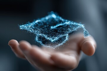 Poster - Hand holding a digital representation of an illuminated graduation cap concept