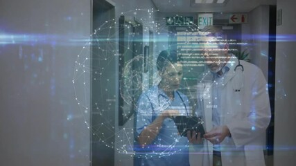 Poster - Nurse tapping tablet and pointing at animated globe while physician walking reviewing patient data