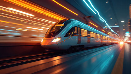 Poster - High-speed train with motion blur neon lights moving through city. Futuristic rail transport, commute travel concept, perfect for wallpaper, background design, technology.