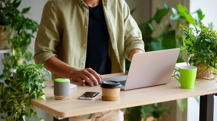 Poster - Working from home in a green space with plants and coffee during the afternoon